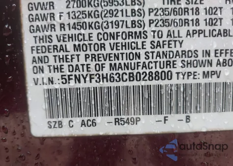 2012 Honda Pilot Ex-L from USA, damaged, VIN 5FNYF3H63CB028800